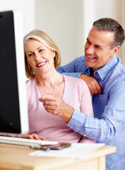 Budget, mature or happy couple with computer for retirement savings, news or pension in home....