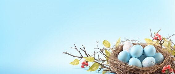 Obraz na płótnie Canvas Easter eggs in a nest on a blue background
