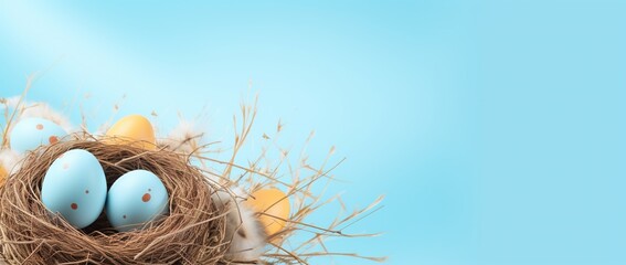 Easter eggs in a nest on a blue background
