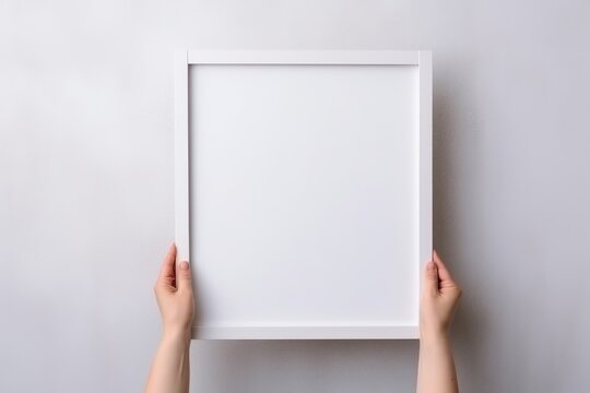 Cropped hand of woman holding picture frame mockup against white wall. Poster mockup. Clean, modern, minimal frame. Empty frame indoor interior