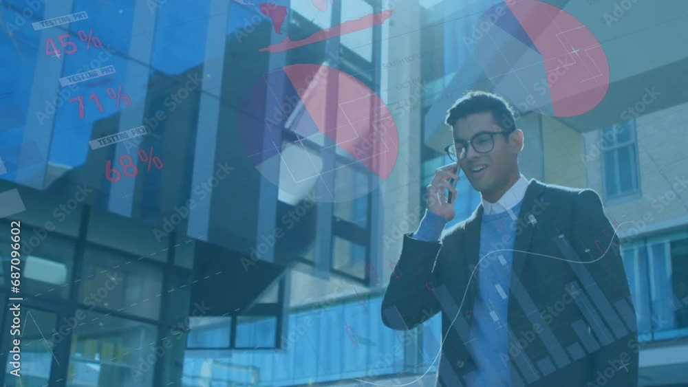 Poster animation of financial data processing over biracial businessman using smartphone