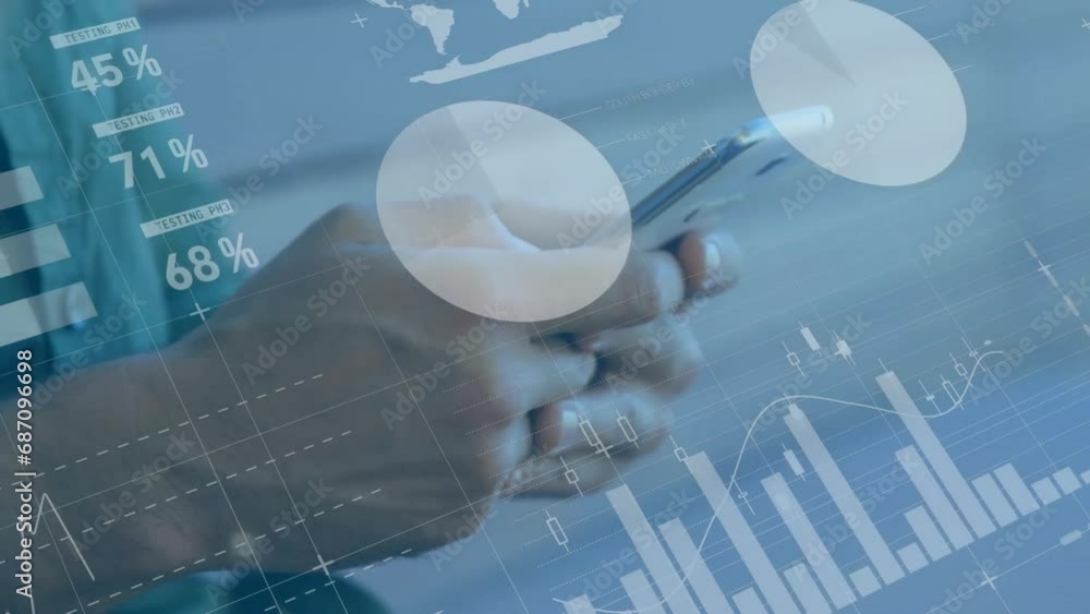 Aufkleber animation of financial data processing over caucasian man using smartphone