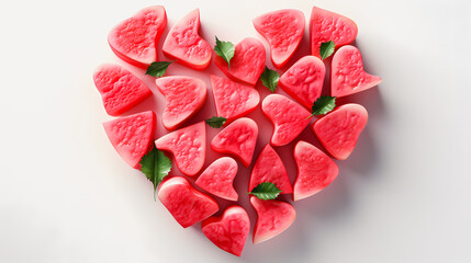 Heart shaped watermelon pieces, Fruity watermelon love motif, isolated on pastel background.