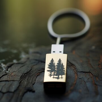 Unidad USB dorada con grabado de pino, reposando sobre madera, simbolizando la tecnología y la naturaleza