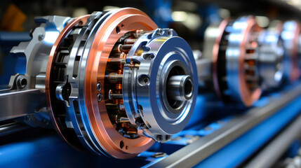Fototapeta premium Precision engineering details of electric motors and wheels of a modern locomotive, close-up of details of the mechanism of complex wheels and brakes