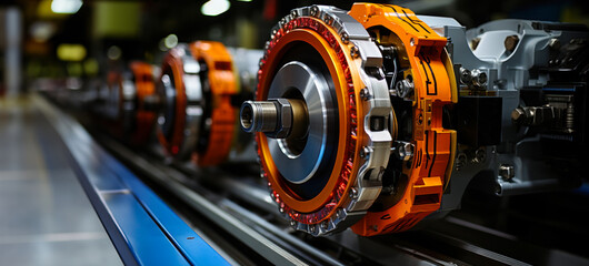 Precision engineering, close-up of the complex wheels and brakes and other parts of the train's wheels and machinery, demonstrating the precision and engineering of high-speed rail - obrazy, fototapety, plakaty