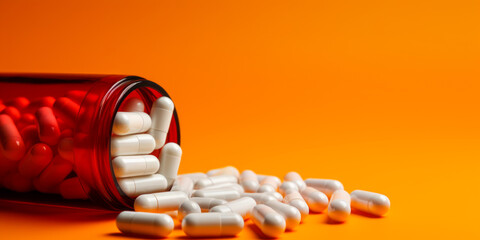 Spilled bottle of red and white capsules on a vivid orange background with ample copy space for medical and healthcare concepts - Powered by Adobe