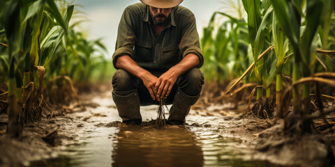 Farmer standing in a flooded cornfield, reflecting on climate change's impact on agriculture, food security, and rural economy - obrazy, fototapety, plakaty