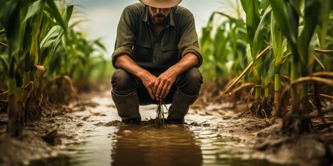 Tuinposter Farmer standing in a flooded cornfield, reflecting on climate change's impact on agriculture, food security, and rural economy © Bartek