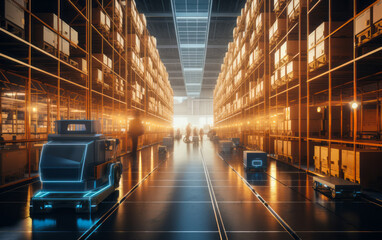 Futuristic automated warehouse interior with digital inventory holograms, glowing lines, and autonomous robots transporting goods in a modern distribution center at sunrise