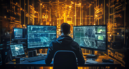 Cybersecurity professional working inside a high-tech server room with immersive interface graphics and data encryption visualizations in a modern network operations center - obrazy, fototapety, plakaty