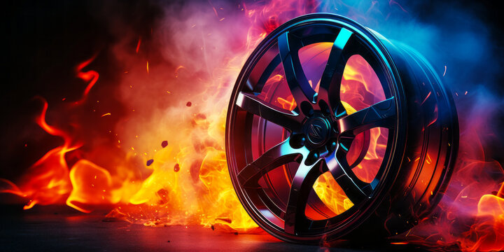 Dynamic car alloy wheel on fire with cool blue and hot red flames engulfing it, concept of speed, power, and automotive passion