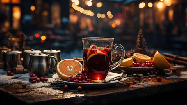 A mug of mulled wine on a rustic wooden table in the wintry setting of a Christmas Market. Generative AI