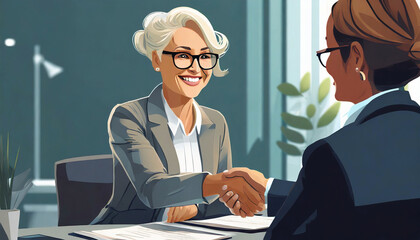 A successful, smiling elderly businesswoman hires a new employee. Or he closes the deal.