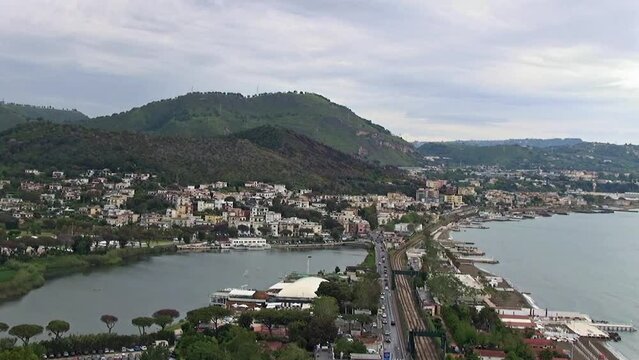 Lucrine Lake and Gulf of Pozzuoli below the volcano mount Nuovo within the Campi Flegrei caldera, Naples, Italy.