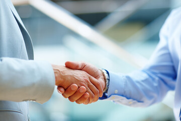 Corporate people, shaking hands and welcome to meeting, partnership and introduction for deal at...