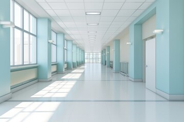Long hospital corridor with rooms. white corridor in hospital with light. clean hospital corridor without people