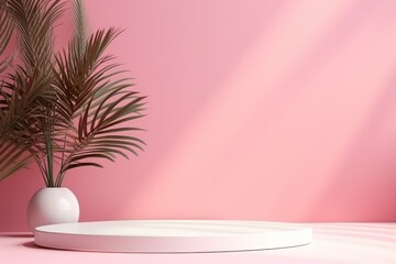 Abstract pink color gradient studio background for product presentation. Empty room with shadows of window and palm leaves.