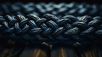 Black braided rope wrapped in a sailor's knot on a black background