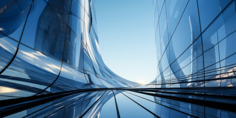 Modern architectural elegance: Upward view of a futuristic skyscraper's curved glass facade reflecting the clear blue sky - obrazy, fototapety, plakaty