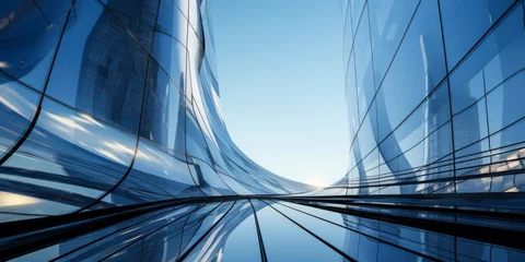 Foto op Plexiglas Modern architectural elegance: Upward view of a futuristic skyscraper's curved glass facade reflecting the clear blue sky © Bartek