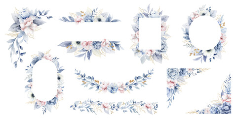 Watercolor set of frames and wreaths of dusty blue, pink flowers. Wedding composition, stationery,...