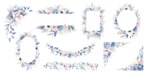 Watercolor set of frames and wreaths of dusty blue, pink flowers. Wedding composition, stationery, invitations, postcards, decorations, fashion. Hand drawn illustration.