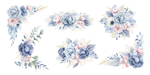 Watercolor bouquet set of dusty blue, pink flowers. Wedding composition, stationery, invitations, postcards, decorations, fashion. Hand drawn illustration.
