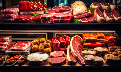 Assorted fresh meats displayed in a butcher shop, including beef, pork, sausages, and cold cuts, perfectly arranged in a showcase fridge
