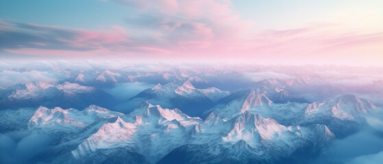 Aerial view Canadian Mountain Landscape in Winter. Colorful Pink Sky Art Render.