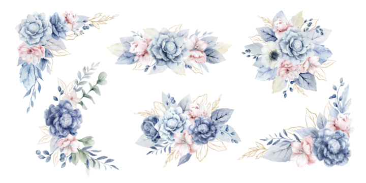 Watercolor bouquet set of dusty blue, pink flowers. Wedding composition, stationery, invitations, postcards, decorations, fashion. Hand drawn illustration.