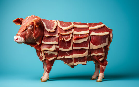 Creative concept of a cow sculpture made with raw beef steaks and bacon strips on a soft blue background symbolizing butcher's cuts guide
