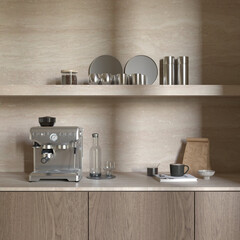 Close up view of kitchen , coffee corner design with coffee machine and decor , 3d rendering 