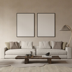 Modern living room design with sofa , coffee table and empty poster frames , mock up , 3d rendering