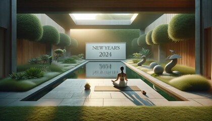 A person practices yoga in a peaceful garden for New Year 2024. New Year's 2024 is a good time to start yoga in the garden. - obrazy, fototapety, plakaty