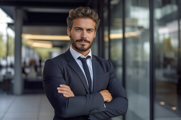 Fototapeta premium Smiling businessman standing in modern office building
