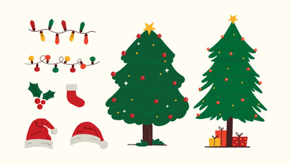 Christmas Tree, Santa Cap, Lights, Gift box, Christmas celebration editable elements vector set 