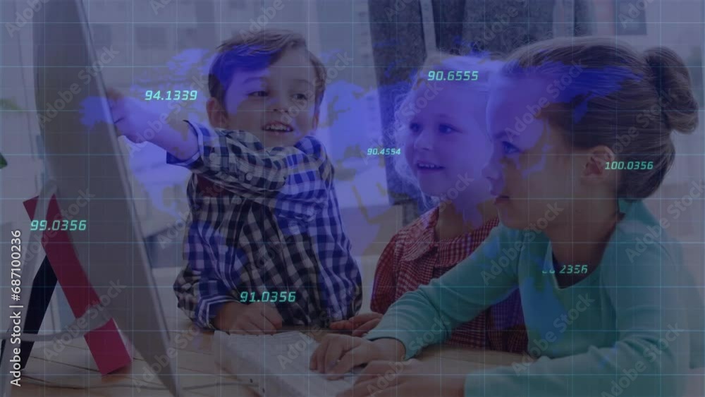 Poster animation of financial data processing over diverse schoolchildren using computer