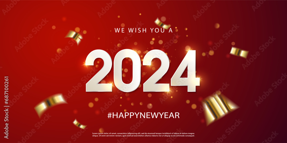 Poster happy new year 2024 with white numbers on a red background. white numeral 2024 with sparkling glitte