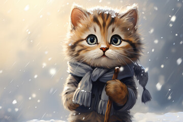 Cute cartoon cat in the snow, in a winter forest, wearing a scarf. Space for text - obrazy, fototapety, plakaty
