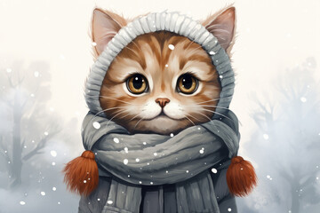 Cute cartoon cat in the snow, in a winter forest, wearing a hat and scarf. Space for text