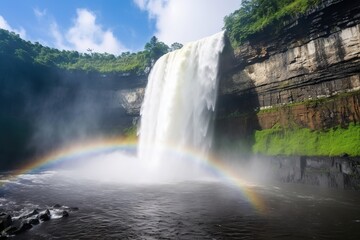 Fototapeta premium Shot of waterfall through a rainbow created by its own mist