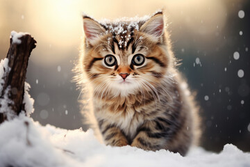 Cute cat in the snow, in a winter forest. Space for text