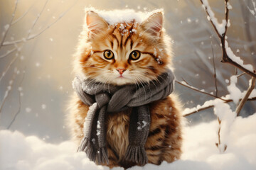 Cute cat in the snow, in a winter forest, wearing a scarf. Space for text