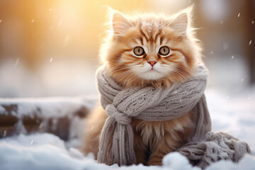 Cute cat in the snow, in a winter forest, wearing a scarf. Space for text