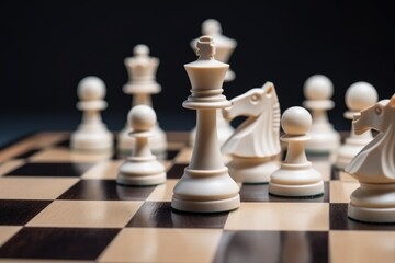 Closeup view chess game. Detailed view of chess pieces. Competitive gameplay or intellectual challenges