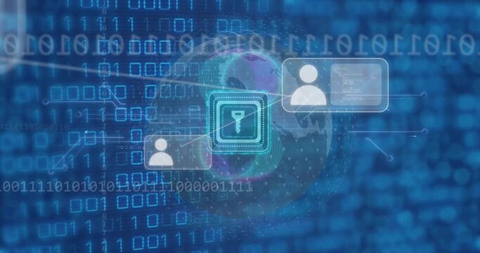 Animation of padlock icon over binary coding data processing