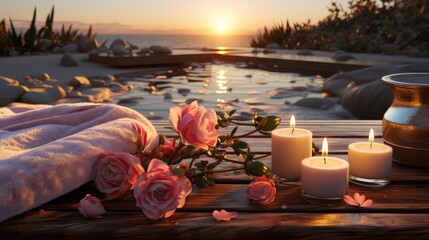 Beautiful romantic burning candles in glass cups. Flowers lie on a wooden surface. Theme of rest and relaxation. - obrazy, fototapety, plakaty