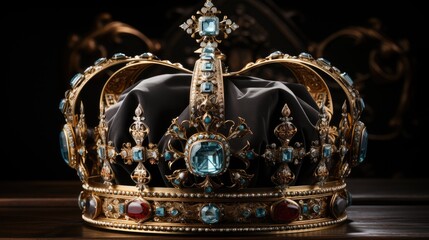 Beautiful rich royal crown with precious stones. Close-up photo.