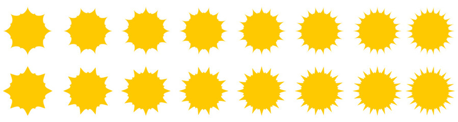 Sun icon set. Weather or sunlight symbols collection. Sunburst element collection.